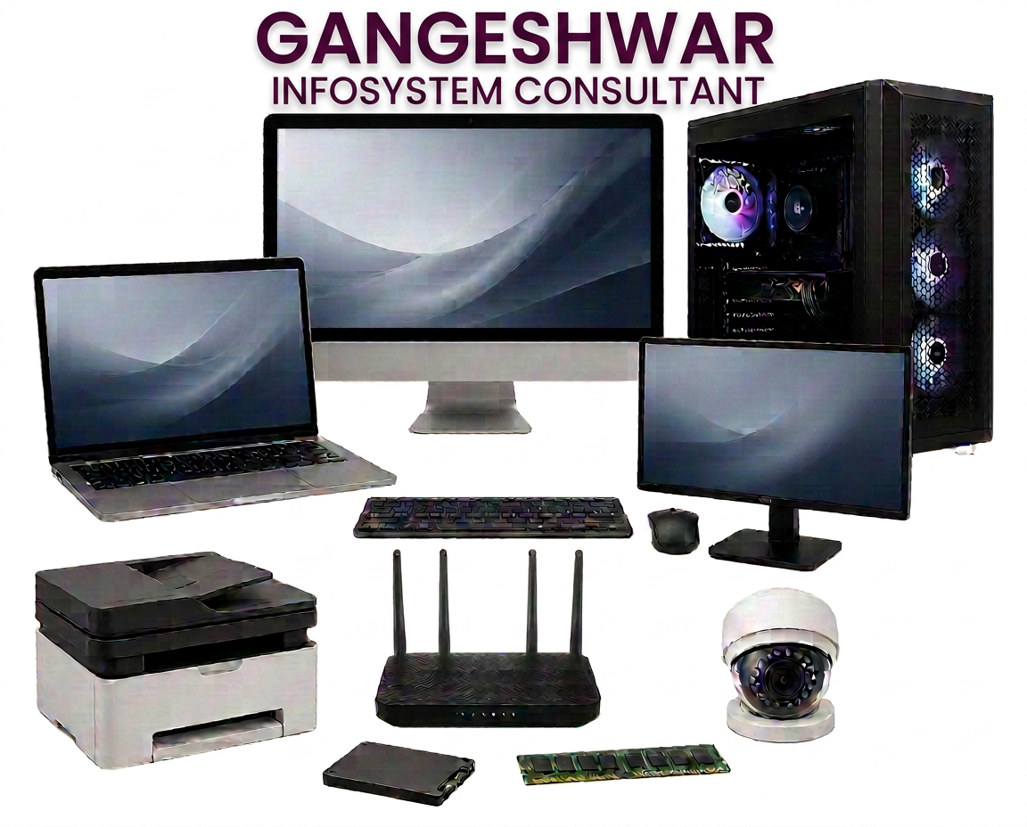 Laptops, desktops, monitors, printers, router, CCTV camera and PC components supplied by Gangeshwar Infosystem